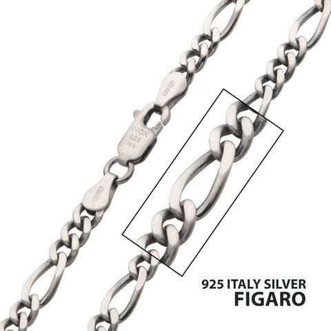 4.3mm 925 Italy Silver Black Rhodium Plated Brushed Satin Finish Figaro Chain Necklace