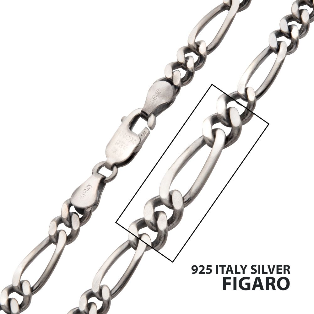 5.5mm 925 Italy Silver Black Rhodium Plated Brushed Satin Finish Figaro Chain Necklace