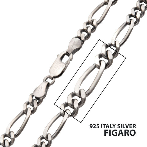 5.5mm 925 Italy Silver Black Rhodium Plated Brushed Satin Finish Figaro Chain Necklace