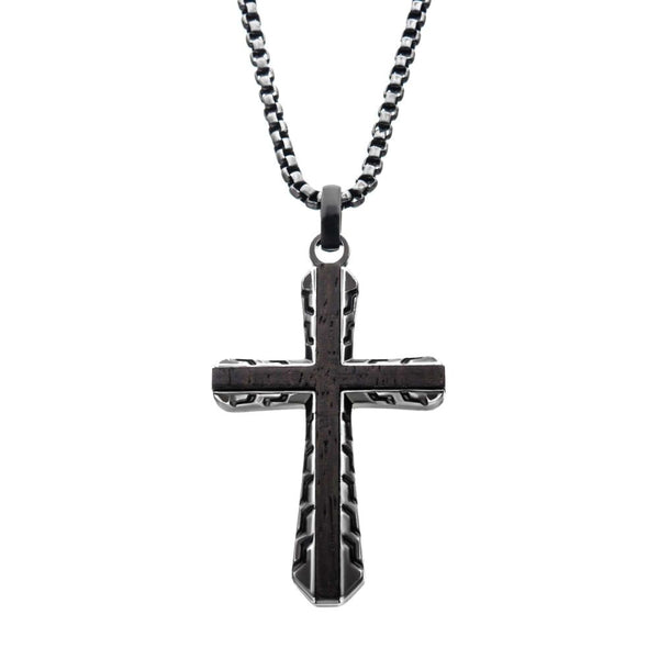 Antique Gunmetal Sepulchre Ebony Wood Inlay Cross Necklace