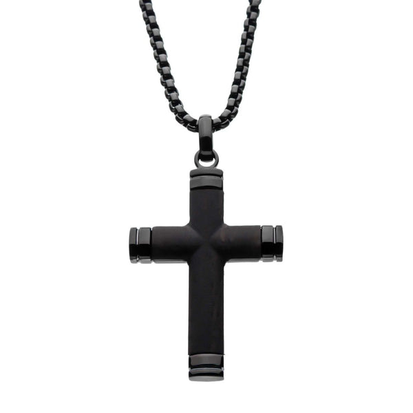 Black IP Genuine Ebony Wood Inlay Cross Pendant Necklace