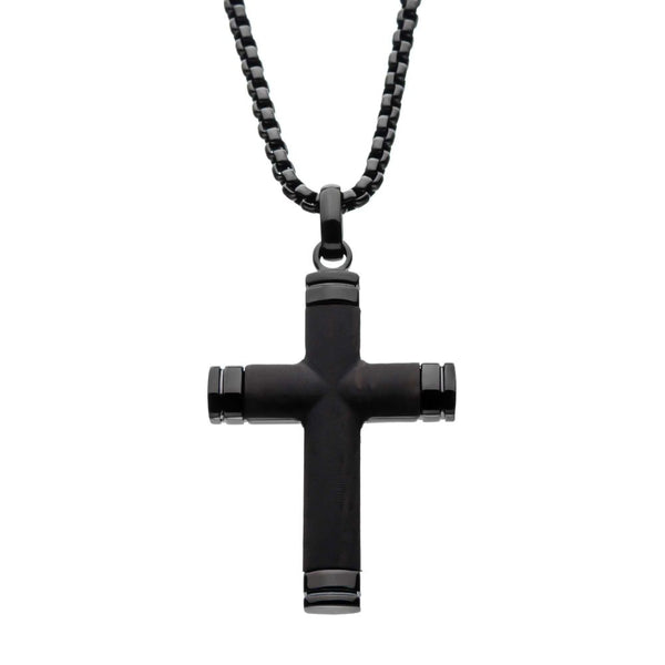 Black IP Genuine Ebony Wood Inlay Cross Pendant Necklace