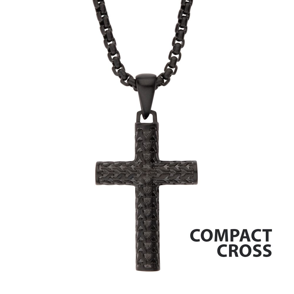 Black IP Matte Finish Steel Scale Cross Drop Pendant In stock