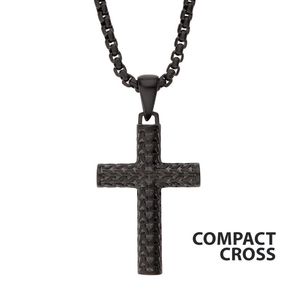 Black IP Matte Finish Steel Scale Cross Drop Pendant In stock