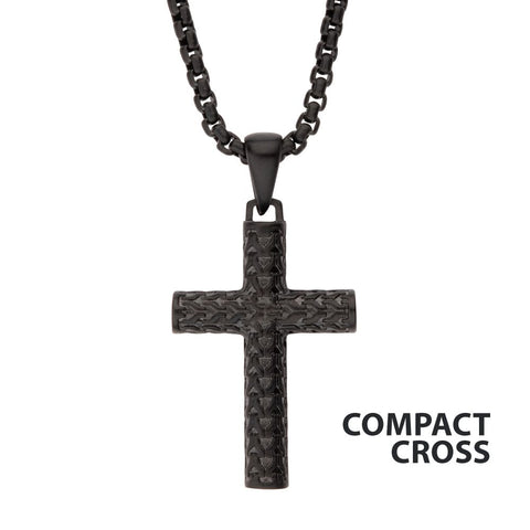 Black IP Matte Finish Steel Scale Cross Drop Pendant In stock