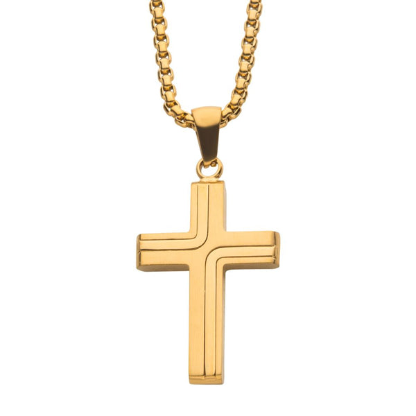 18kt Gold IP Plated over Stainless Steel Cross Necklace on Box Chain