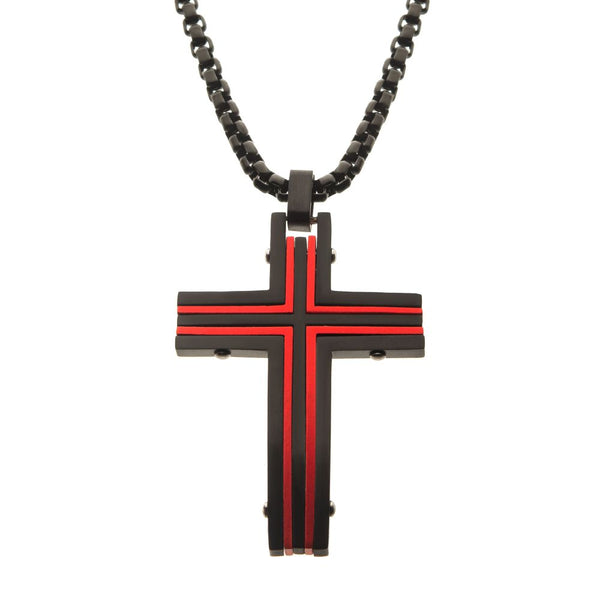 Black & Red IP Dante Cross Pendant Necklace