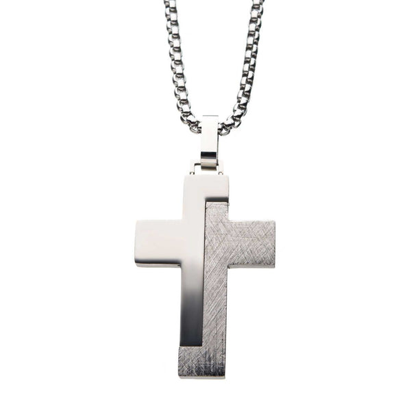 Modern Block Textured Stainless Steel Cross Necklace