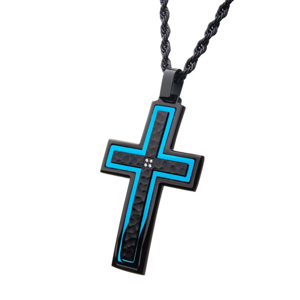 Stainless Steel Hammered Blue Line Cross with CZ Pendant Necklace