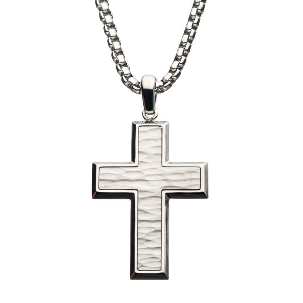 Matte Stainless Steel Hammered Cross Pendant Necklace