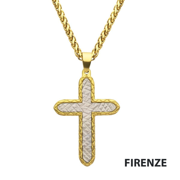 Stainless Steel & Gold IP Plated Firenze Chiseled Cross Pendant Necklace