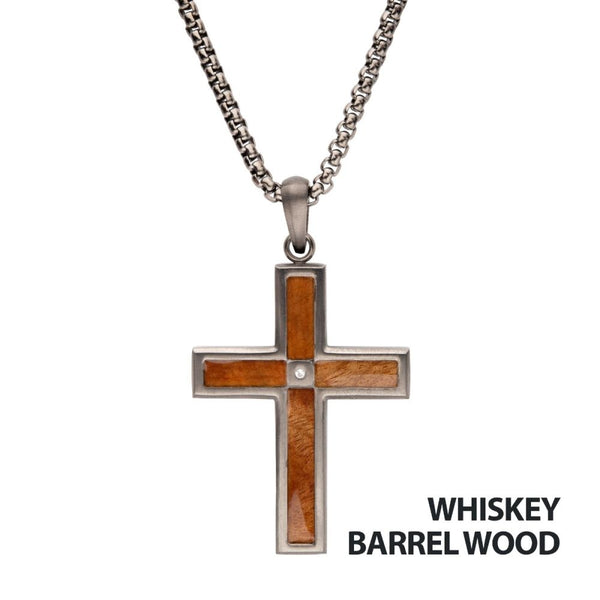 Whiskey Barrel Wood Inlay Stainless Steel Cross Necklace