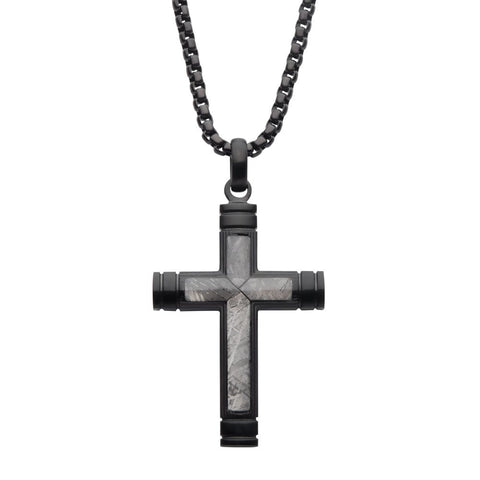 Meteorite Inlay Cross Pendant Necklace with Black IP Box Chain
