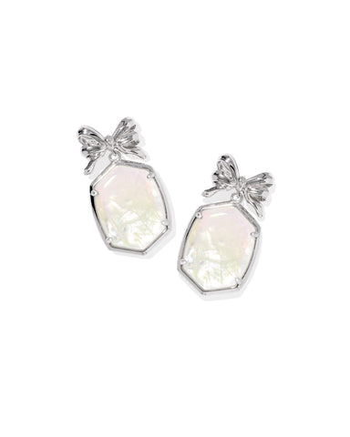 Daphne Silver Bow Drop Earrings in Iridescent Crystal Ivory Illusion