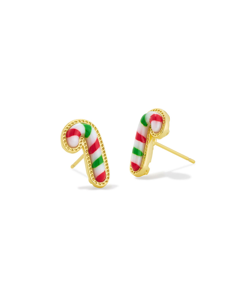 Candy Cane Gold Stud Earrings in Red Green Mix