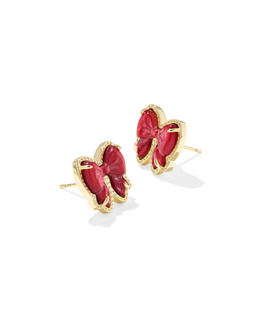 Haley Gold Bow Stud Earrings in Scarlet Red Mother of Pearl