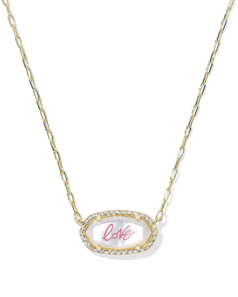 Elisa Pavé Frame Gold Pendant Necklace in Ivory Mother of Pearl with Love Script