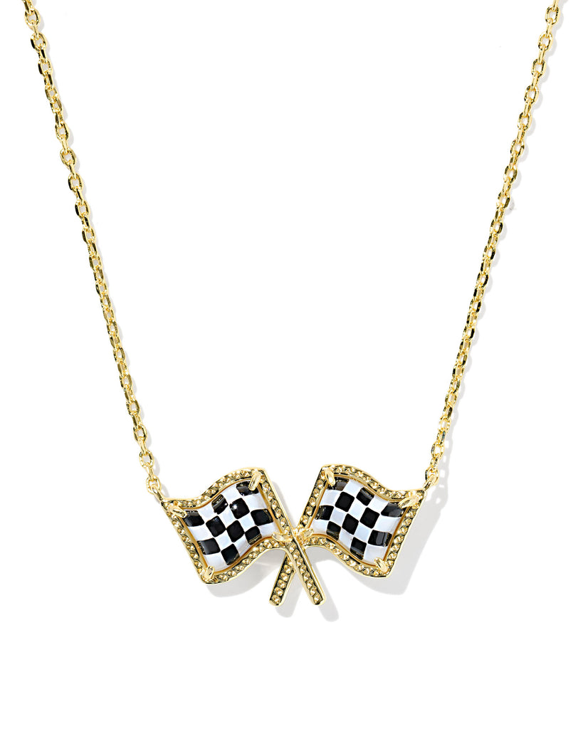 Checkered Flag Pendant Necklace in White Mother of Pearl