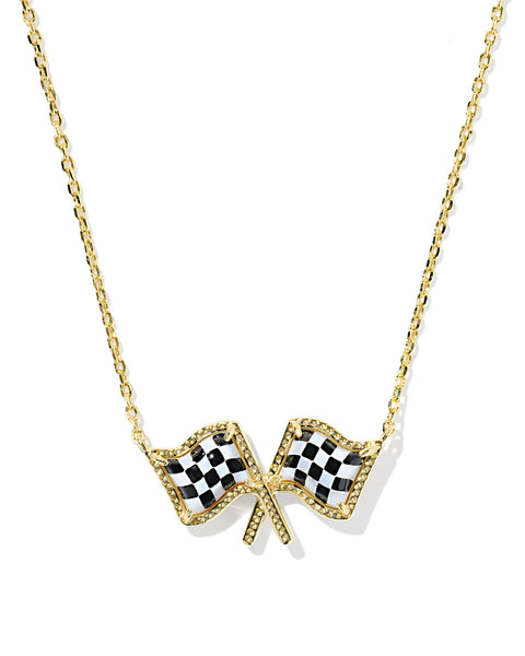 Checkered Flag Pendant Necklace in White Mother of Pearl