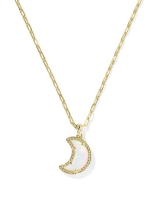 Moon Short Pendant Necklace Gold White Opalescent Resin