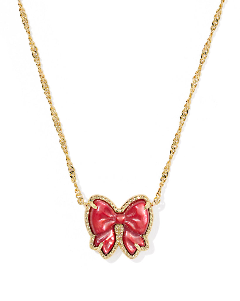 Haley Gold Bow Short Pendant Necklace in Scarlet Red Mother of Pearl