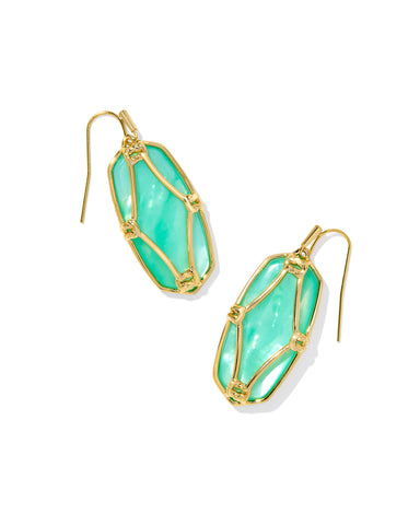 Elle Gold Lattice Frame Drop Earrings in Light Green Mother of Pearl