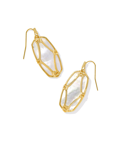Elle Gold Lattice Frame Drop Earrings in Ivory Mother of Pearl