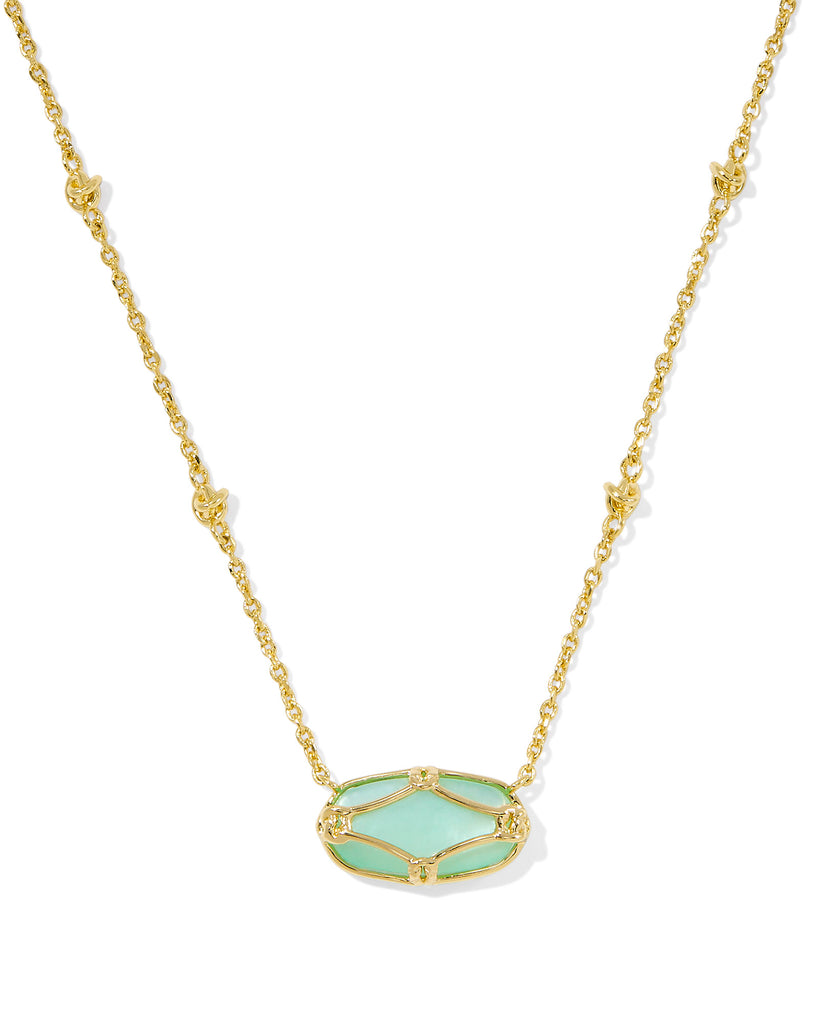Elisa Gold Lattice Frame Short Pendant Necklace in Light Green Mother of Pearl