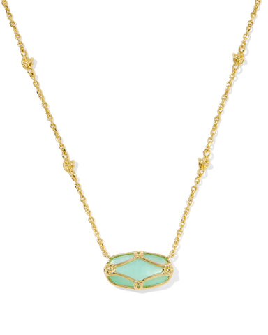 Elisa Gold Lattice Frame Short Pendant Necklace in Light Green Mother of Pearl