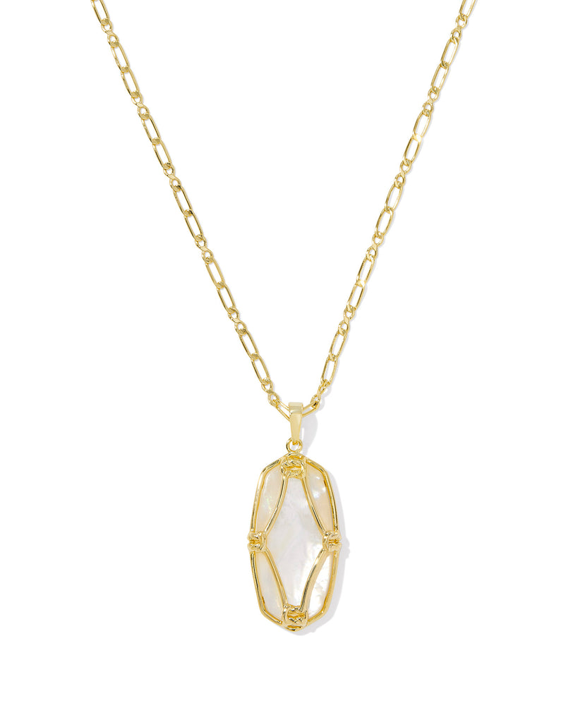 Elle Gold Lattice Frame Large Long Pendant Necklace in Ivory Mother of Pearl