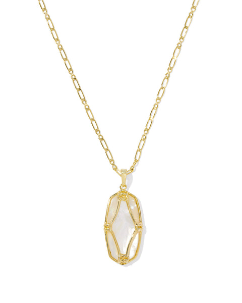 Elle Gold Lattice Frame Large Long Pendant Necklace in Ivory Mother of Pearl