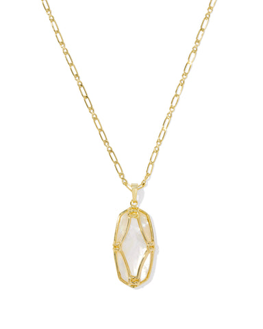 Elle Gold Lattice Frame Large Long Pendant Necklace in Ivory Mother of Pearl