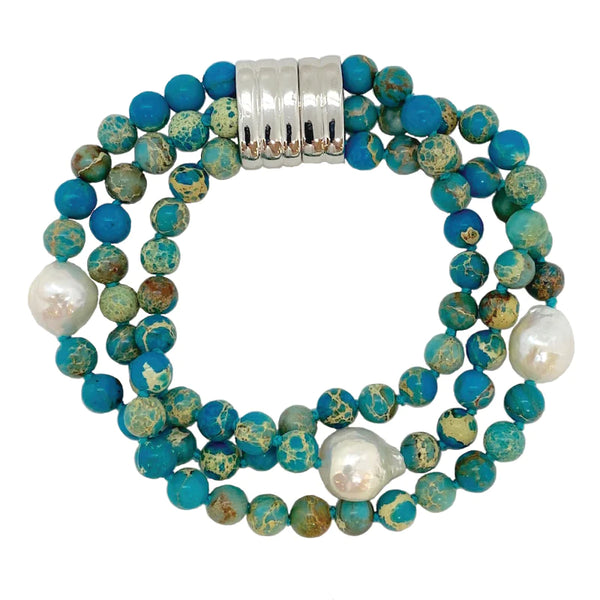 Natural Jasper & Pearl Triple Strand Bracelet with Magnetic Clasp