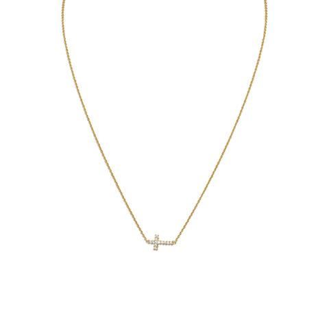 Gold Plated Sterling Silver CZ Sideways Cross Necklace