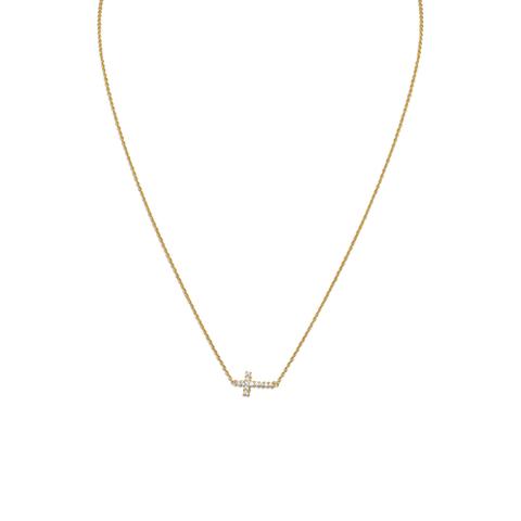 Gold Plated Sterling Silver CZ Sideways Cross Necklace