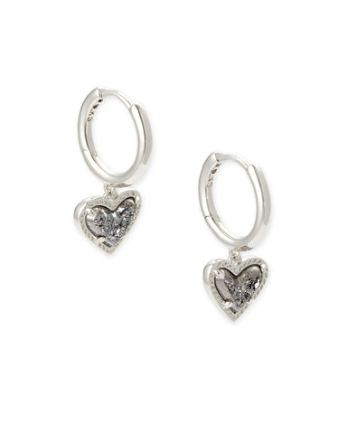 Ari Heart Silver Huggie Earrings in Platinum Drusy