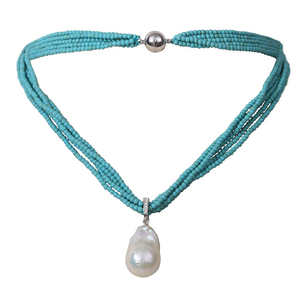 Turquoise 5-Strand Necklace with Wild Pearl Drop