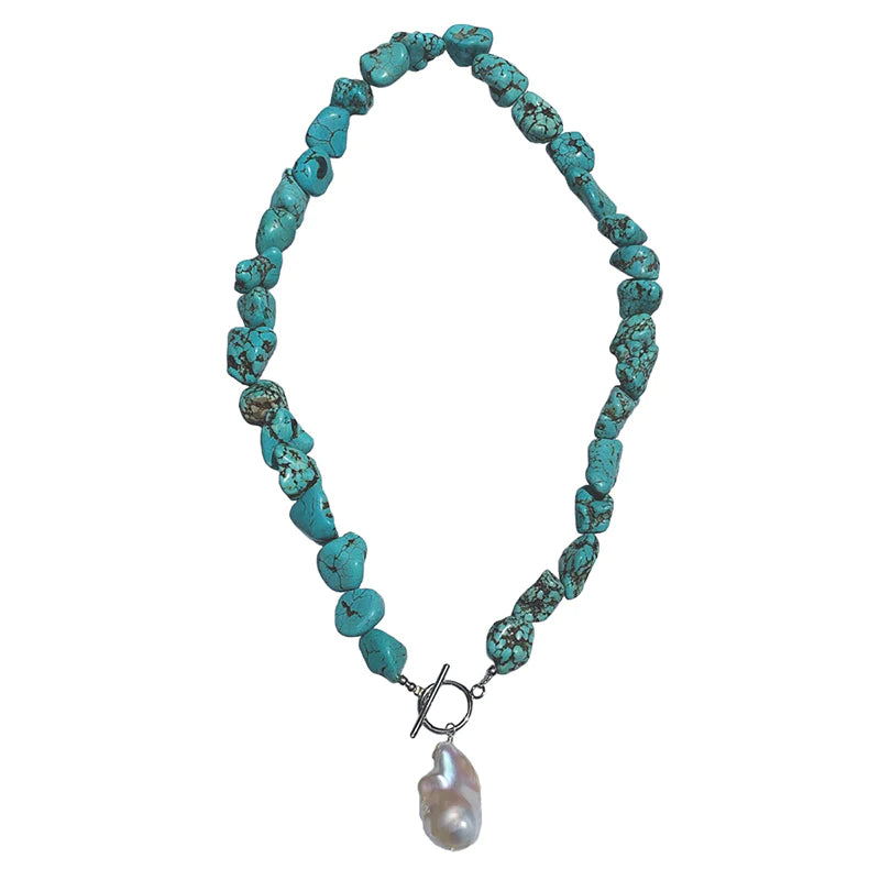 Turquoise Chunky Necklace with Wild Pearl Drop