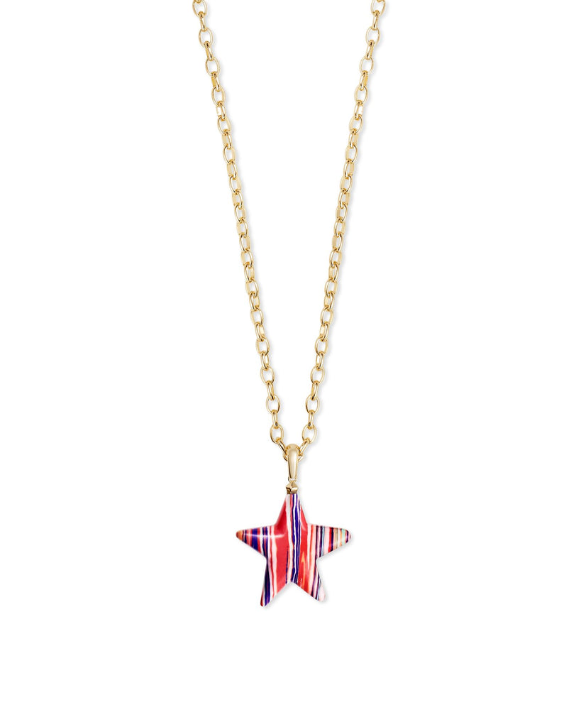 Carved Jae Star Gold Long Pendant Necklace in Rainbow Casillica