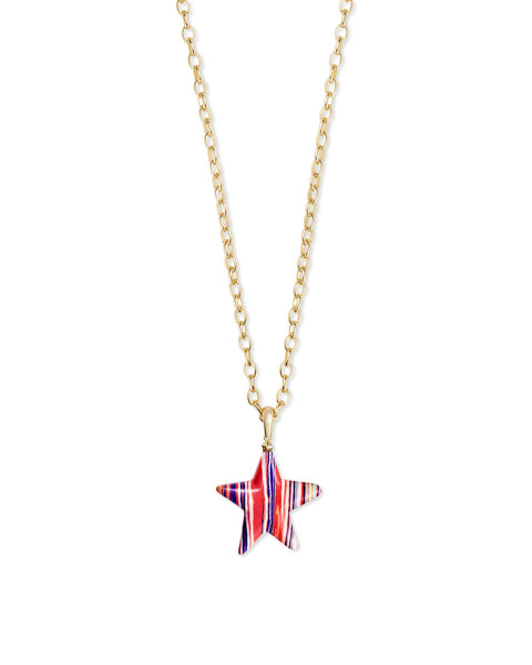 Carved Jae Star Gold Long Pendant Necklace in Rainbow Casillica