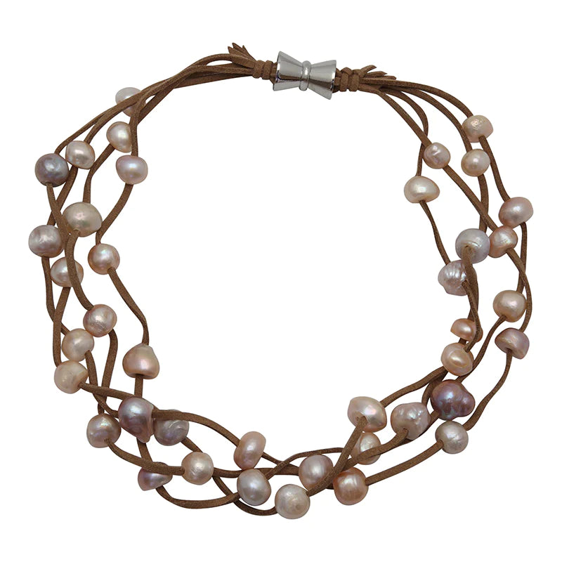 Tan Suede 4-Strand Multi Pearl Necklace