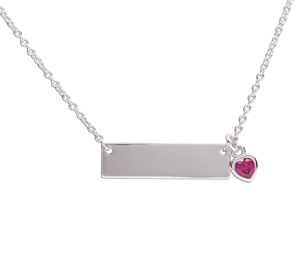 Sterling Silver Children's Bar Necklace with CZ Birthstone Heart