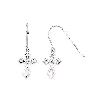 Sterling Silver Cross Dangle Earrings with Diamond