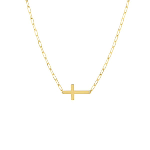Sideways Cross Necklace with Paperclip Chain