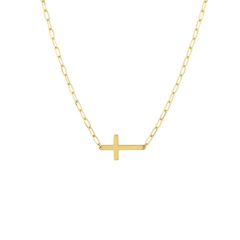 Sideways Cross Necklace with Paperclip Chain