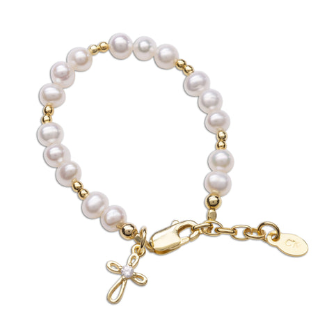 Mae Gold Plated Pearl Bracelet with Cross Dangle