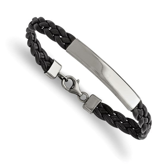 Stainless Steel Polished Black Leather ID Bracelet | 8