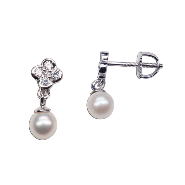 Sterling Silver Crystal Daisy and Pearl Dangle Earrings