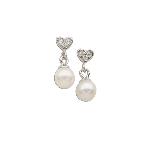 Sterling Silver Crystal Heart and Pearl Dangle Earrings