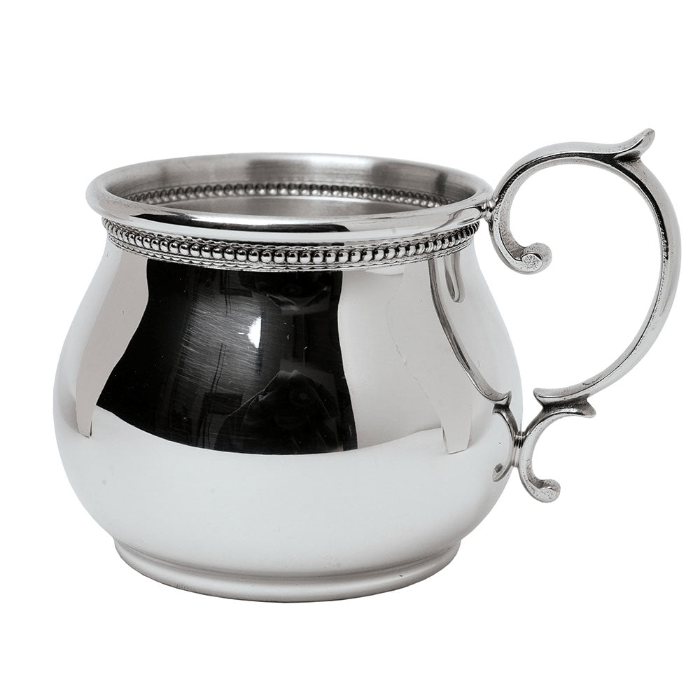 Bulged Pewter Baby Cup with Scroll Handle